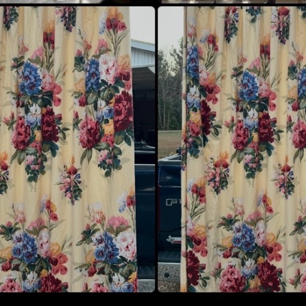A Pair Of Custom-Made Triple Pleated Flowers Curtains 2 Panels Vintage